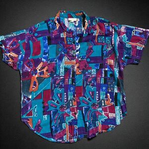Roamans Vintage Abstract Multicolor Button Down Rayon Shirt Men's Size XL